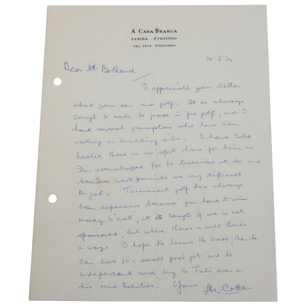 Henry Cotton Signed 1974 Hand-Written Letter to Les Bolland JSA ALOA