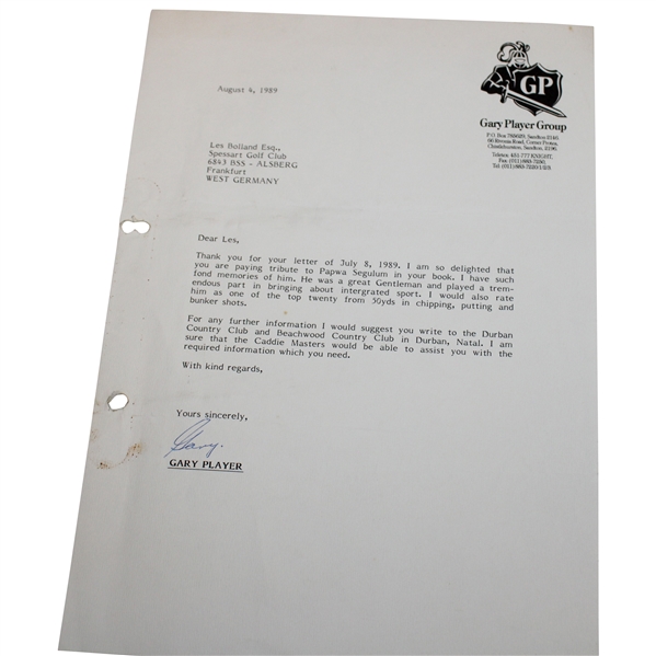 Gary Player Signed 1989 Typed Letter to Les Bolland - Papwa Segulum Content JSA ALOA