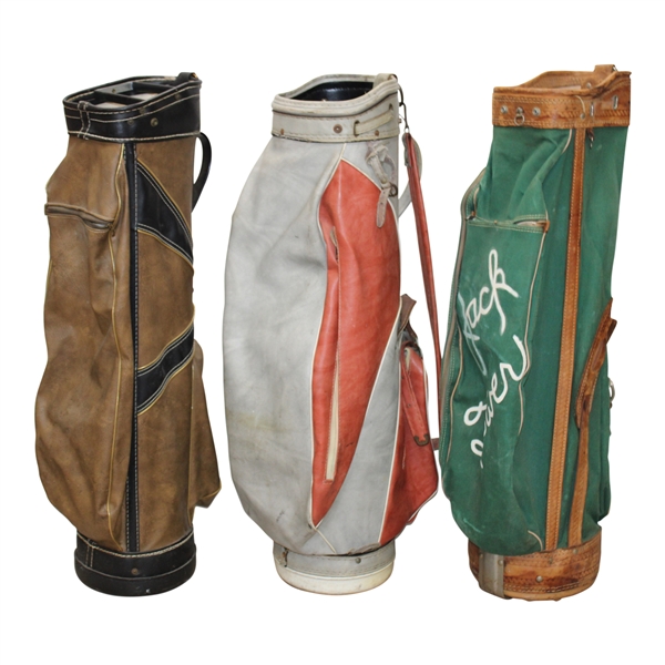 Three (3) Classic Full Size Golf Bags - Brown & Black/White & Orange/Green Jack Tower