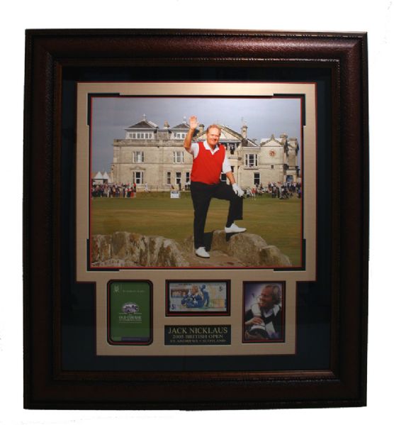 Jack Nicklaus signed 5 Pound note shadowboxed with a 16x20 and Photos from Jacks wins at the British Open