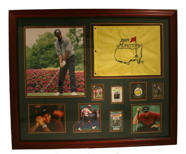 Tiger Woods Masters Tribute w/Badges, Flag and Autographed Photo JSA COA