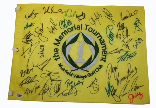Memorial Tournament Pin Flag with 37 Autographs INcluding Jack and TIGER! PSA + JSA COA