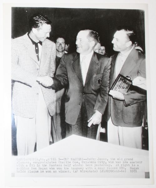 1951 A.P. Wire Photo Masters Championship Presentation Bobby Jones, Ben Hogan & Low Amateur Charlie Coe