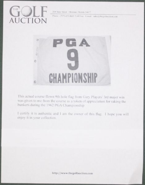 Actual Course Flown 9th Hole Flag from Gary Players' 3rd Major Win at 1962 PGA