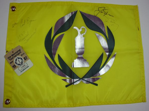 Memorial Flag Signed by Champ, 2nd place Finisher and Host Jack Nicklaus w/badge