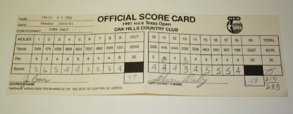 John Daly's Score Card 1991 Texas Open