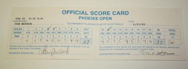 Tom Watson's 1992 Phoenix Open Score Card
