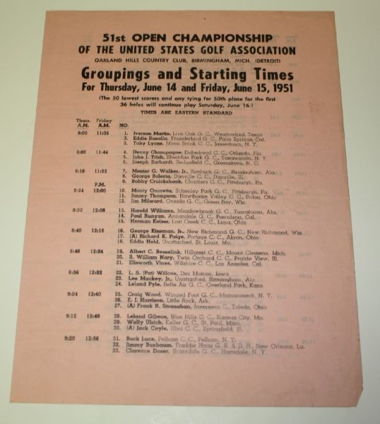 1951 US Open Pairing Sheet(Thursday/Friday) - Hogan Wins