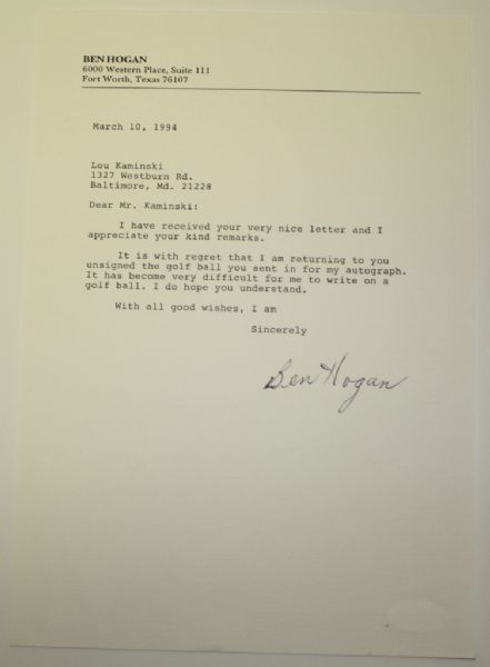 Ben Hogan Typed Letter Signed (T.L.S.)