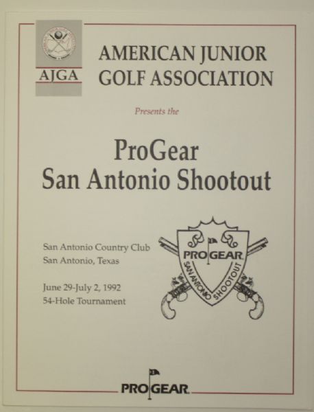1992 AJGA Pro Gear San Antonio Shootout Junior Golf Tournament Program Featuring The 16 Year Old Champion, Tiger Woods, And Other Future Stars