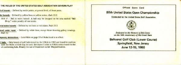 1980 US Open Official Scorecard - Baltusrol Golf Club, New Jersey - jack Nicklaus winner