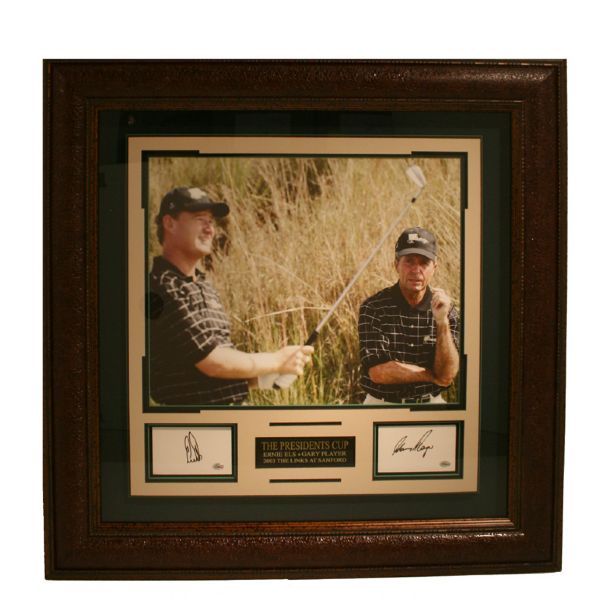 Gary Player & Ernie Els Autographed Presidents Cup photo Shadowboxed with Index Cards JSA COA