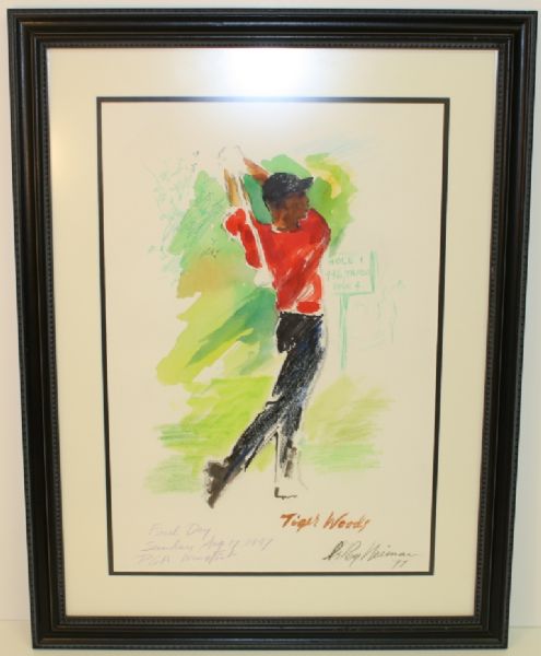 Leroy Neiman Original Art The Final Day at Winged Foot-Tiger Woods 1997-13x19 -With Birthday Note From Neiman