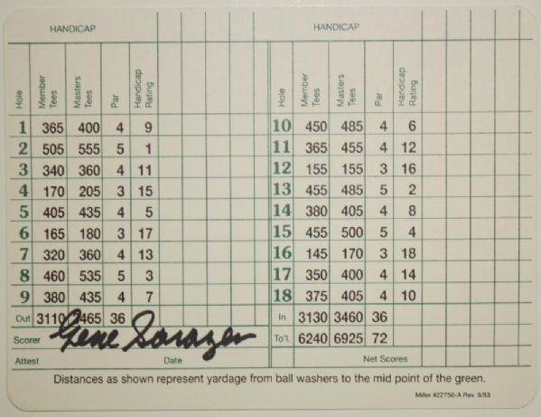 Gene Sarazen Signed Masters Scorecard