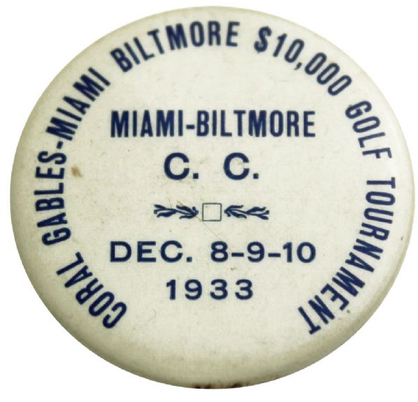 1933 Miami Open Contestant Pin - Biltmore C.C. - Johnny Revolta 1st PGA Win