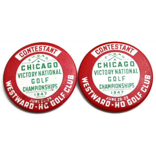 Lot of Two 1947 Contestant Badges - Chicago Victory National - June 26-29 - Ben Hogan Winner