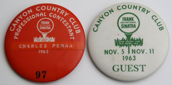 Charley Penna's 1963 Frank Sinatra Invitational Contestant Badge along with Guest Badge 