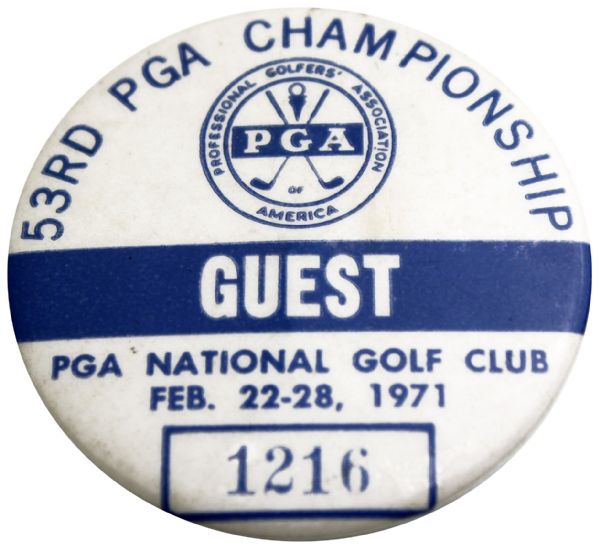 1971 PGA Championship Guest Badge - Jack Nicklaus Winner 2nd PGA, 9th Major