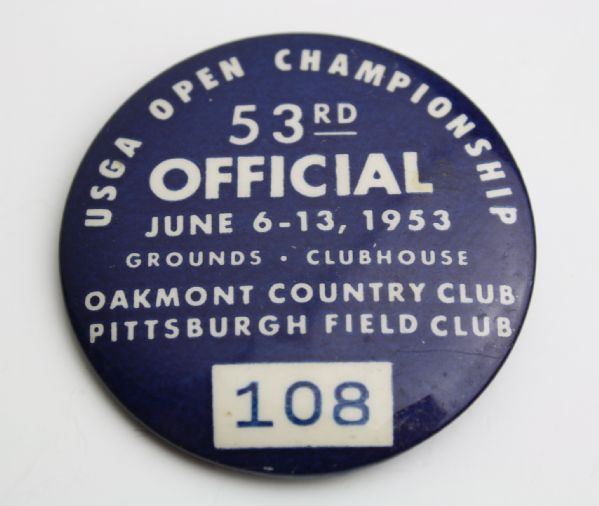 1953 US Open Official Badge #108-Hogan's 4th US Open Triumph