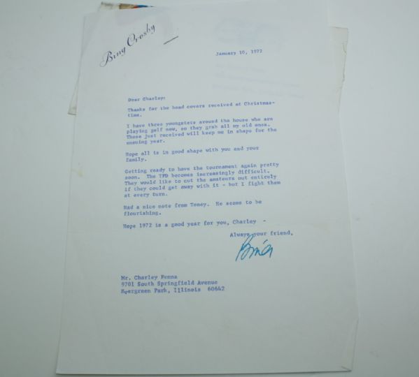 1972 Letter from Bing Crosby to Charley Penna - with Envelope