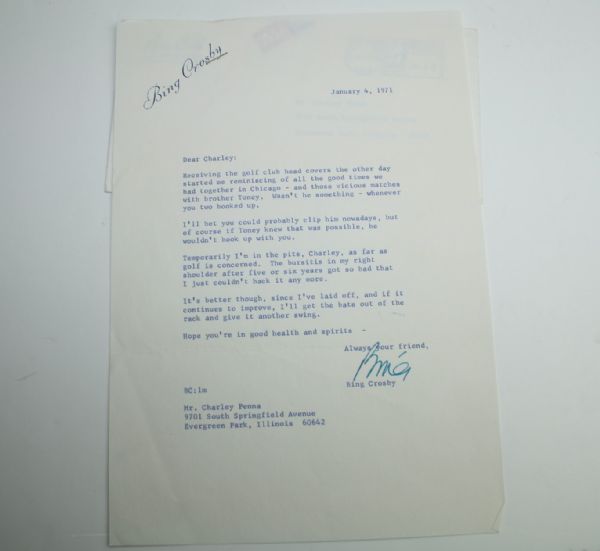1971 TLS Letter from Bing Crosby to Charley Penna - with Envelope JSA COA 