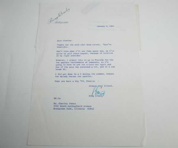 1969 Letter from Bing Crosby to Charley Penna - with Envelope TLS