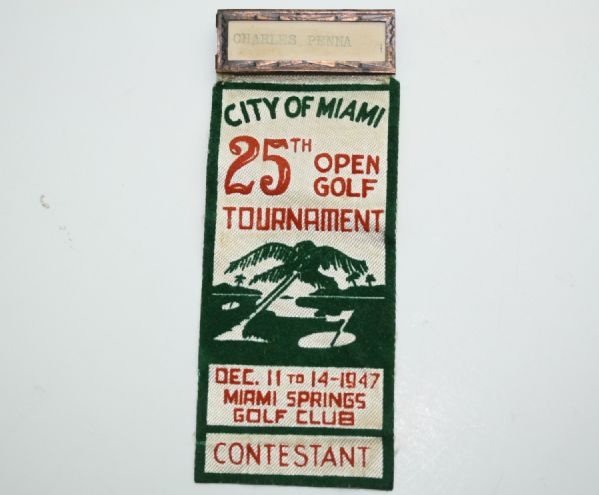 1947 Miami Open Contestant Badge - Green/White Ribbon - 25th Open-Jimmy Demaret Champ 