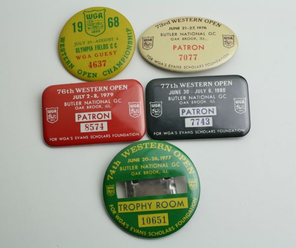 Lot of 5: Western Open Patron Badges - 1968 (Nicklaus Win), 1976, 1977, 1979, and 1980 