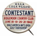 1942 USGA Hale America National Open Contestant Pin - Ridgemoor Country Club-Ben Hogan Champ
