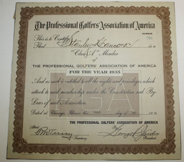 Stanley Hancock Official PGA Member Certificate for the year 1935 - #566 
