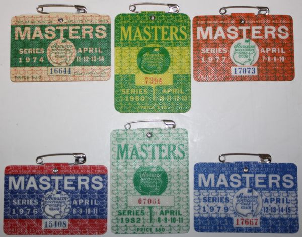 Lot of 6 Masters Badges: 1974, 1976, 1977, 1979, 1980, and 1982