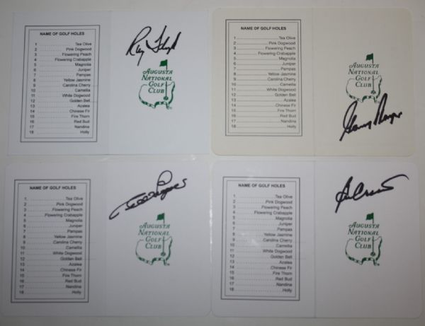 Lot of 4 Signed Masters Scorecards: Gary Player, Ben Crenshaw, Bernhard Langer, and Ray Floyd