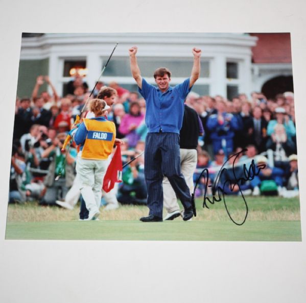 Nick Faldo Signed 8x10 Photo - Arms Up in Victory