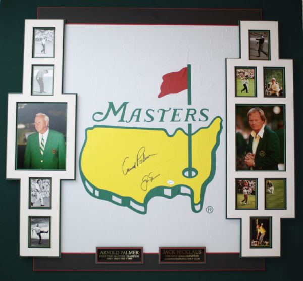 Arnold Palmer and Jack Nicklaus Signed Mounted House Flag with Other Accompanying Pictures