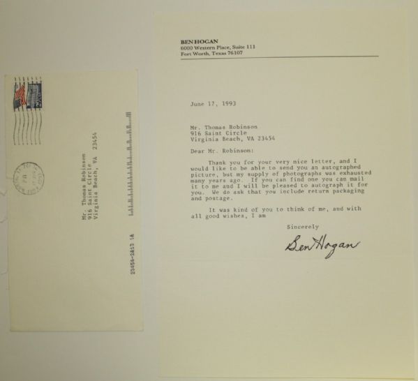 Ben Hogan Signed Letter to Tom Robinson with Envelope - 6/17/1993