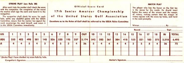 1971 Senior Amateur Championships Official Scorecard - Sunnybrook Golf Club, Pennsylvania