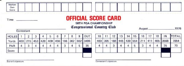 1976 PGA Championship Official Scorecard - Congressional Country Club, Maryland