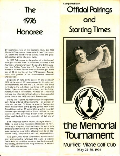 1976 Inaugural Memorial Tournament Pairing Sheet Honoring Bobby Jones - 1st Honoree