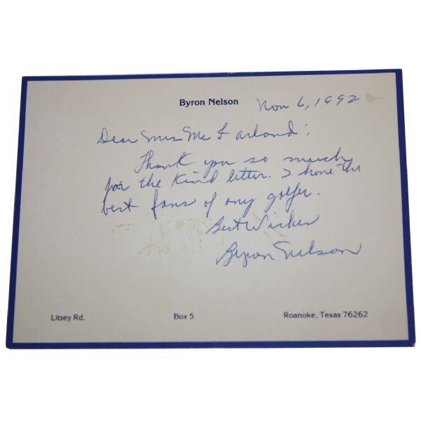 Byron Nelson Hand Written Signed Personal Notecard JSA COA