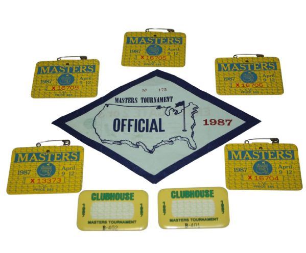 1987 Masters Lot: 5 Grounds Badges, 2 Clubhouse Badges, and a Parking Pass