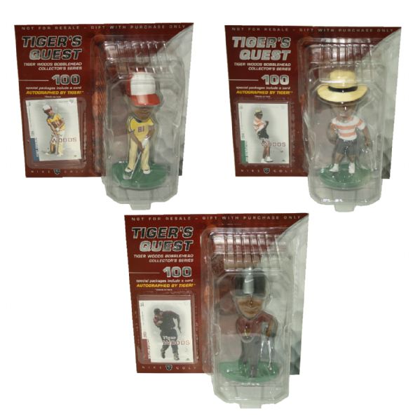 Tiger Woods Quest Nike Upper Deck  Set of Three Bobble Heads in Original Packaging