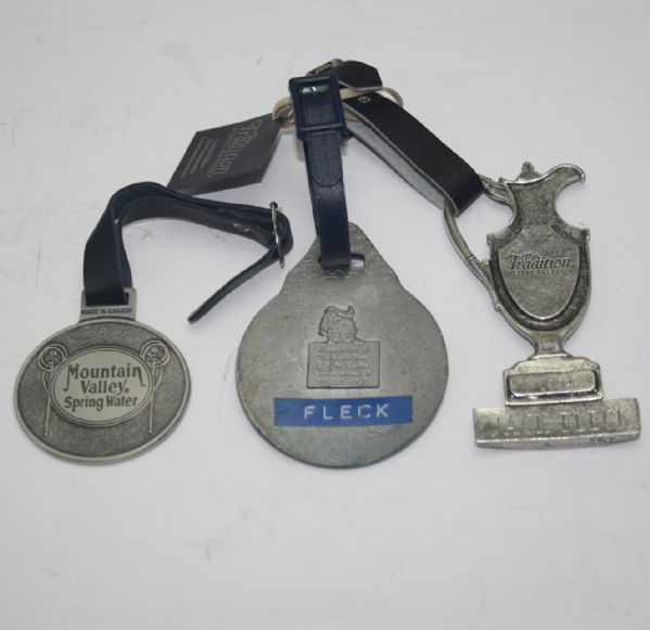  Jack Fleck's Lot of Three Tournament Bag Tags-Jack Nicklaus Championship Engraved