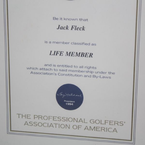  Jack Fleck's Framed 1994 PGA Lifetime Member & 1997 PGA Half Century Club Awards