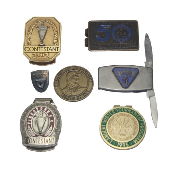 Lot of 7 Jack Fleck Senior PGA Items - Money Clips, Medalion, and Pin