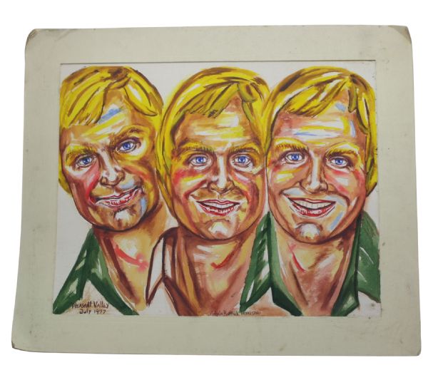 Original Jack Nicklaus Three Heads Water Color Portait Signed by Artist - 1977