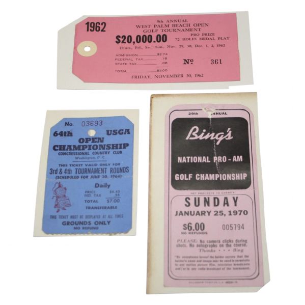 Lot of Three Tickets: 1964 US Open, 1970 Bing Crosby, and 1962 West Palm Beach Open