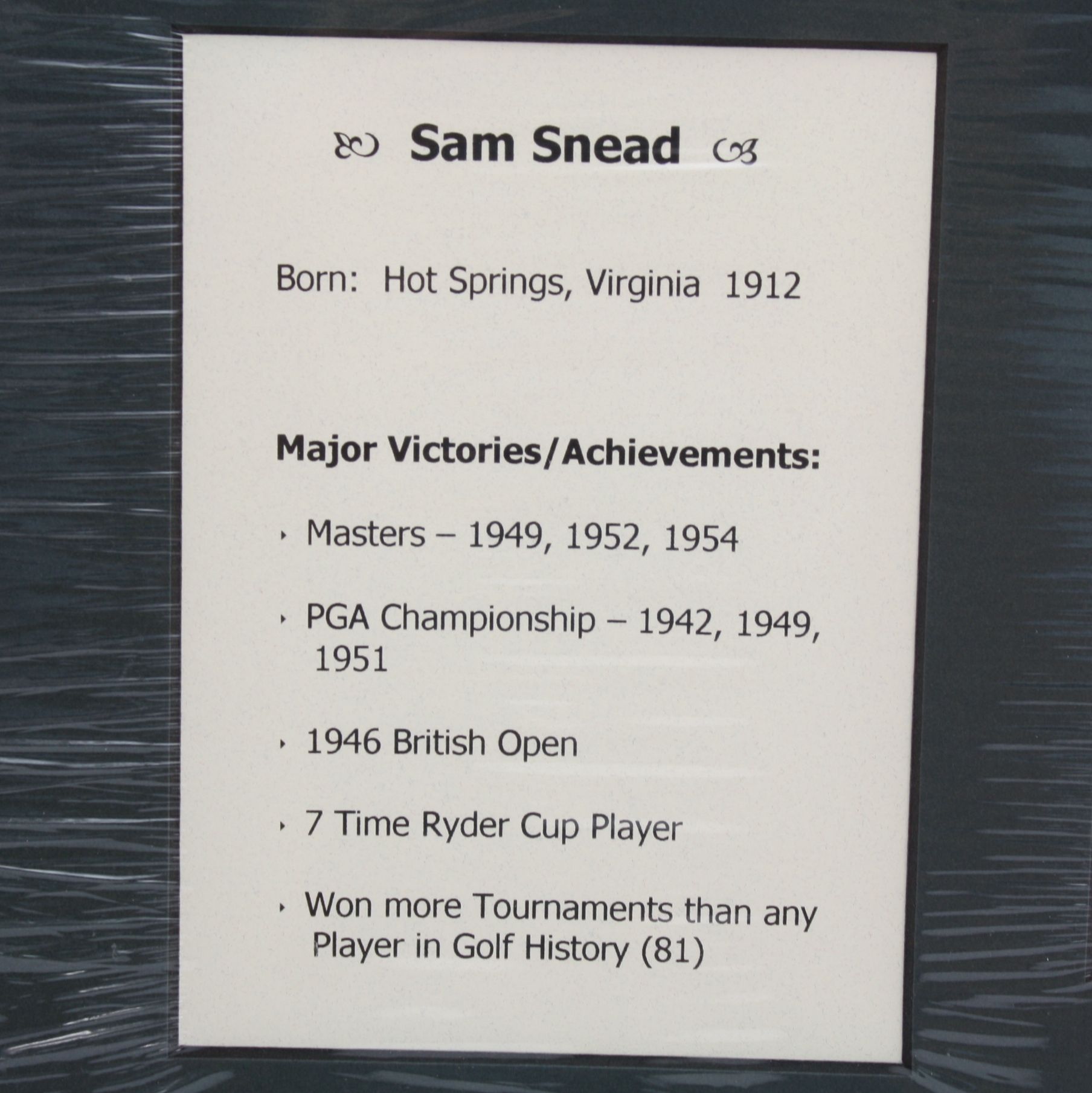 Lot Detail - Sam Snead Signed Scorecard - Mounted with Photo and Stats ...