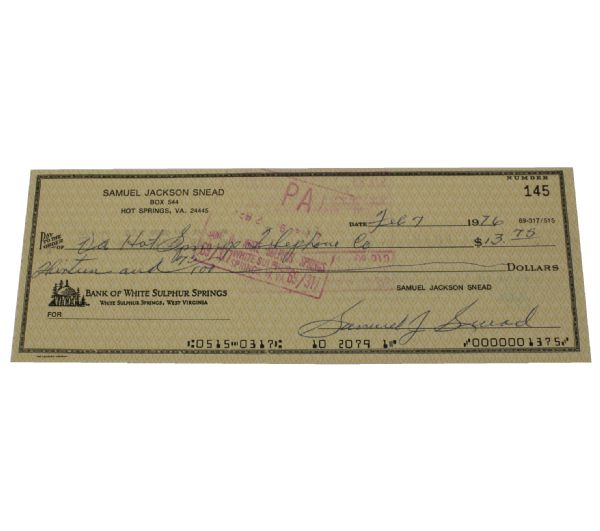 Samuel Jackson Snead Signed Personal Check JSA COA