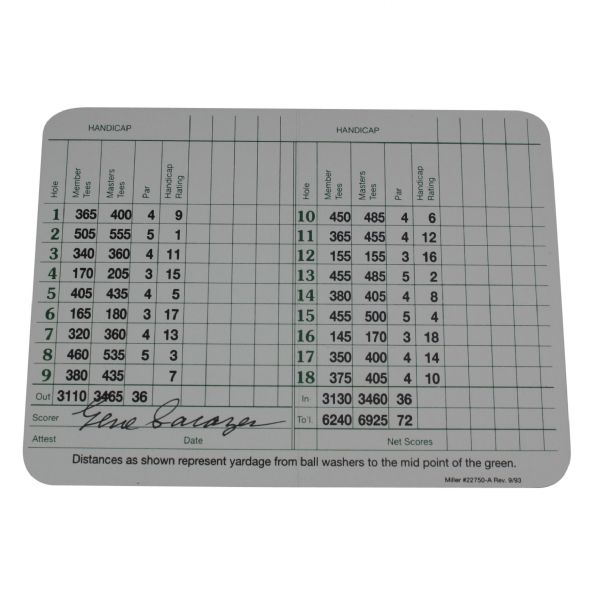 Gene Sarazen (1935 Champion) Signed Augusta National Scorecard JSA COA