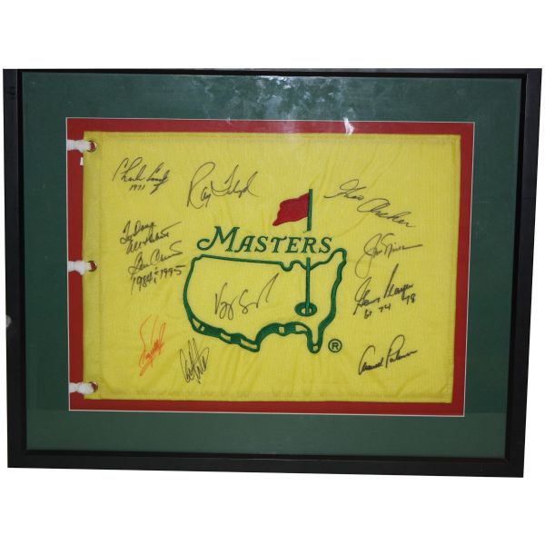 Undated Masters Flag Signed by 10 including Palmer, Player, Nicklaus, and more - Framed